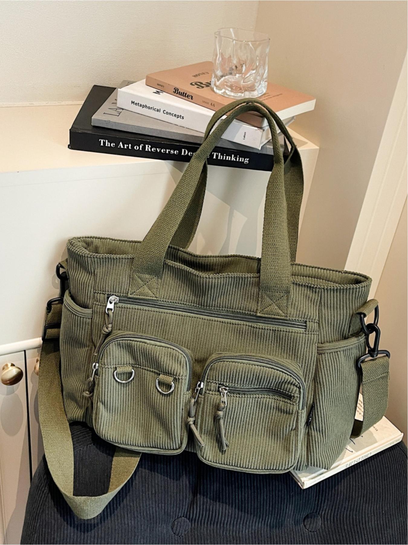 Corduroy multi-pocket large-capacity tote bag, Commuter Tote Bag, casual and versatile, suitable for shopping, school, work, commuting, and everyday accessories