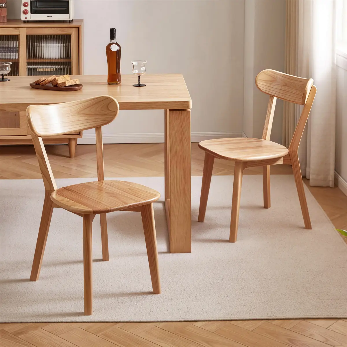 [Bellemave] 2 Pack Solid Rubberwood Dining Chairs, Natural Wood Finish Wooden Accent Chairs with Curved Backrest, Sturdy Indoor Dining Chairs