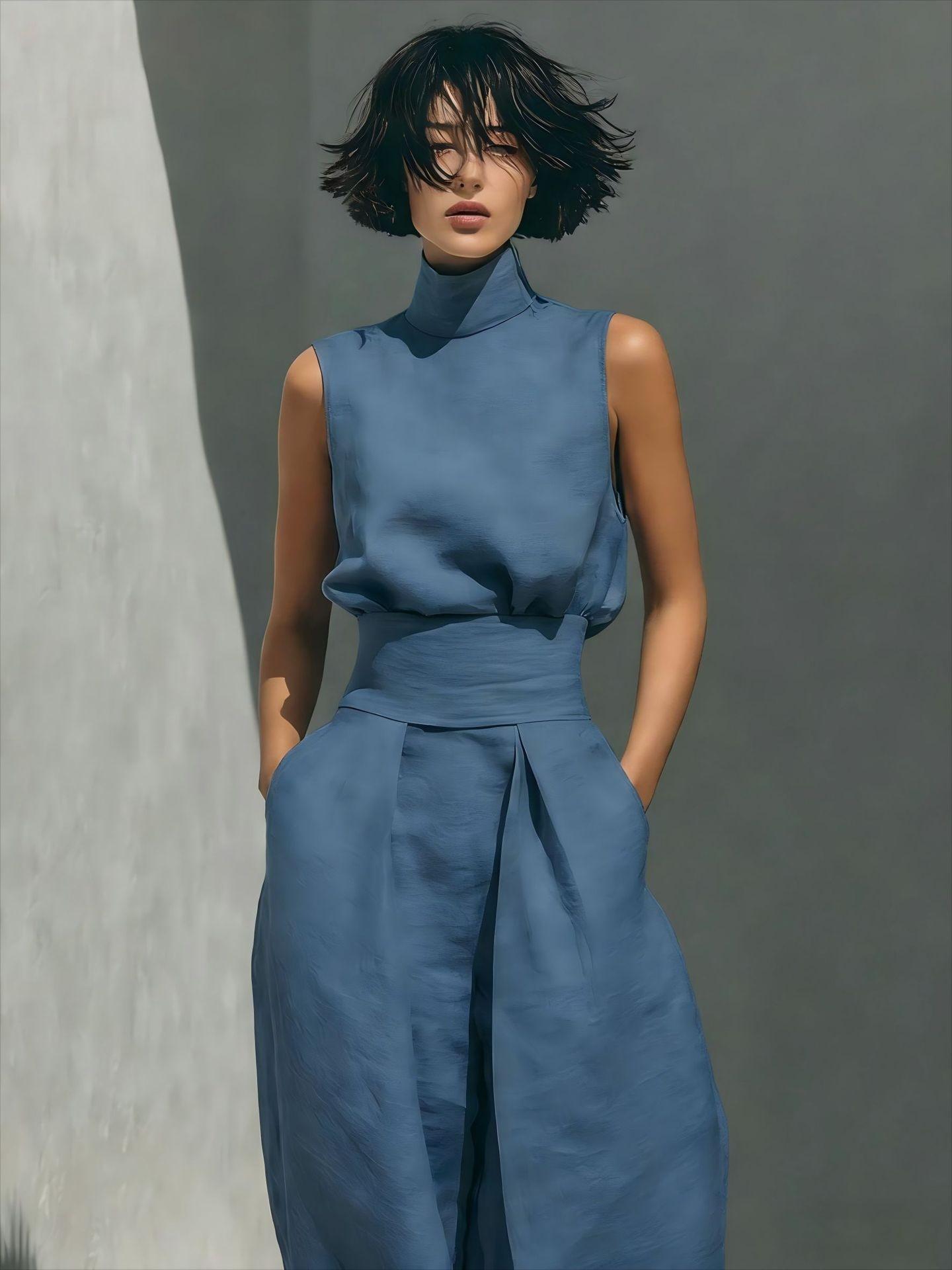 D2110 Solid Color High Neck Athleisure Two Piece Set For Women Elegant Sleeveless Top Matching Flowy Drape Wide Leg Pants Pockets Classic Old Money Aesthetic Casual Everyday Co Ord Outfit Clothes