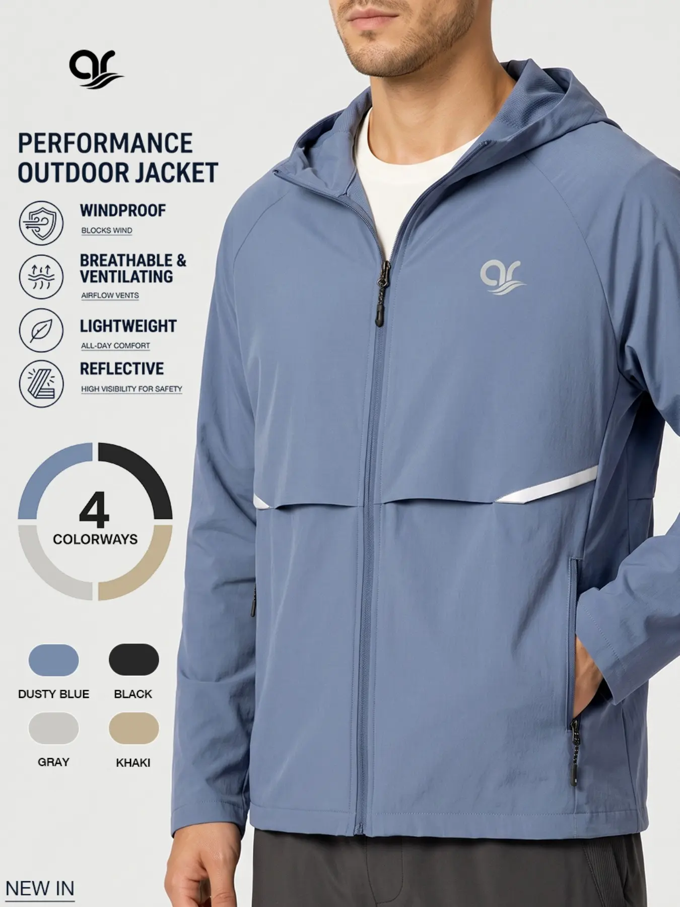 AR Men’s Lightweight Windproof Hooded Jacket, Breathable Full Zip Running Windbreaker with Raglan Sleeves, Reflective Strips, Front & Back Vents, Zip Pockets for Hiking, Cycling, Travel & Everyday Wear