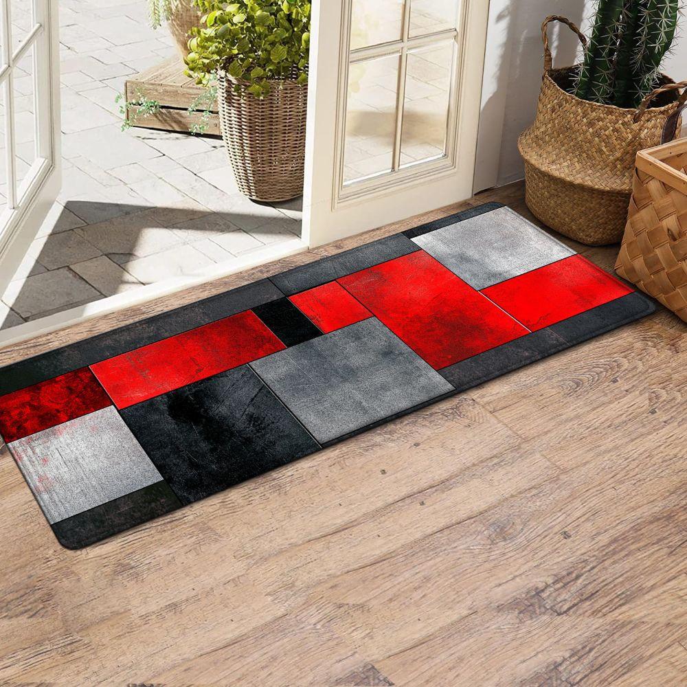 1PC， Red Black Gray Geometric Splicing Patterned strip rugs, home décor, bathroom mats, entryway mats, bathroom non-slip mats, indoor entrance rugs, bedroom bedside mats, kitchen mats, hallway rugs, flannel sponge rugs, hallway runner rugs