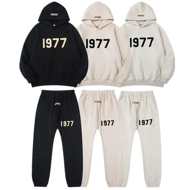 Men's 1977 Letter Print 2-Piece Sports Sweat Suit, Oversized Hooded Pullover Top + Jogger Pants, Loose-Fit Casual Aesthetic Streetwear Y2K Trendy Tracksuit