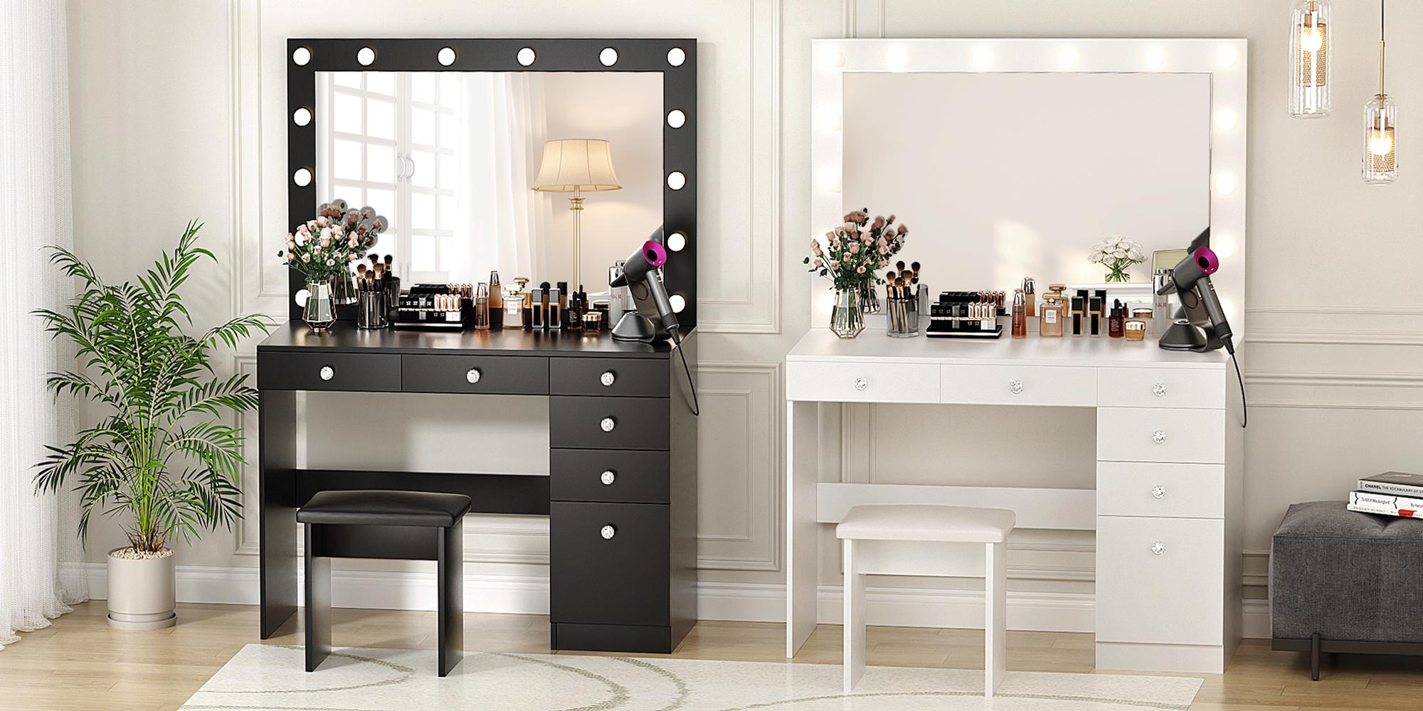 VOWNER Modern Makeup vanity desk With Large Lighting Mirror,5 Drawers And 1 Cabinet,Come Up With Stool, vanity mirror