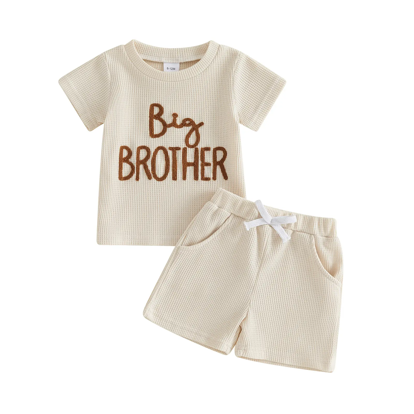Toddler Boy Girl Matching Sister Brother Outfits Waffle Knit "Big Brother" Letter Embroidered Short Sleeve Tee and Shorts 2 Piece Set