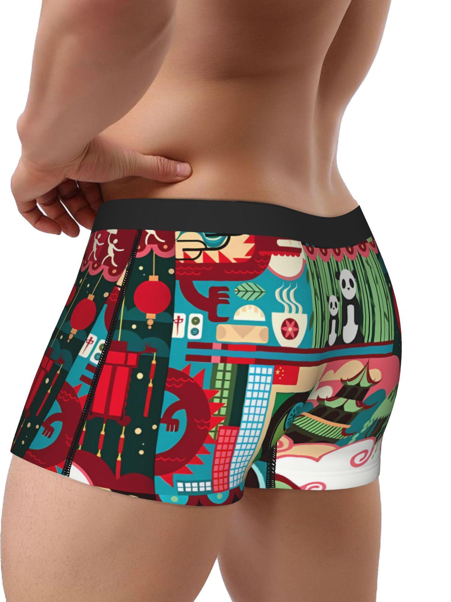 BIIHUDU Men's Saint Basil's Cathedral & Panda Print Polyester Briefs - Mid-Stretch Non-Transparent Underwear, Vibrant Cultura