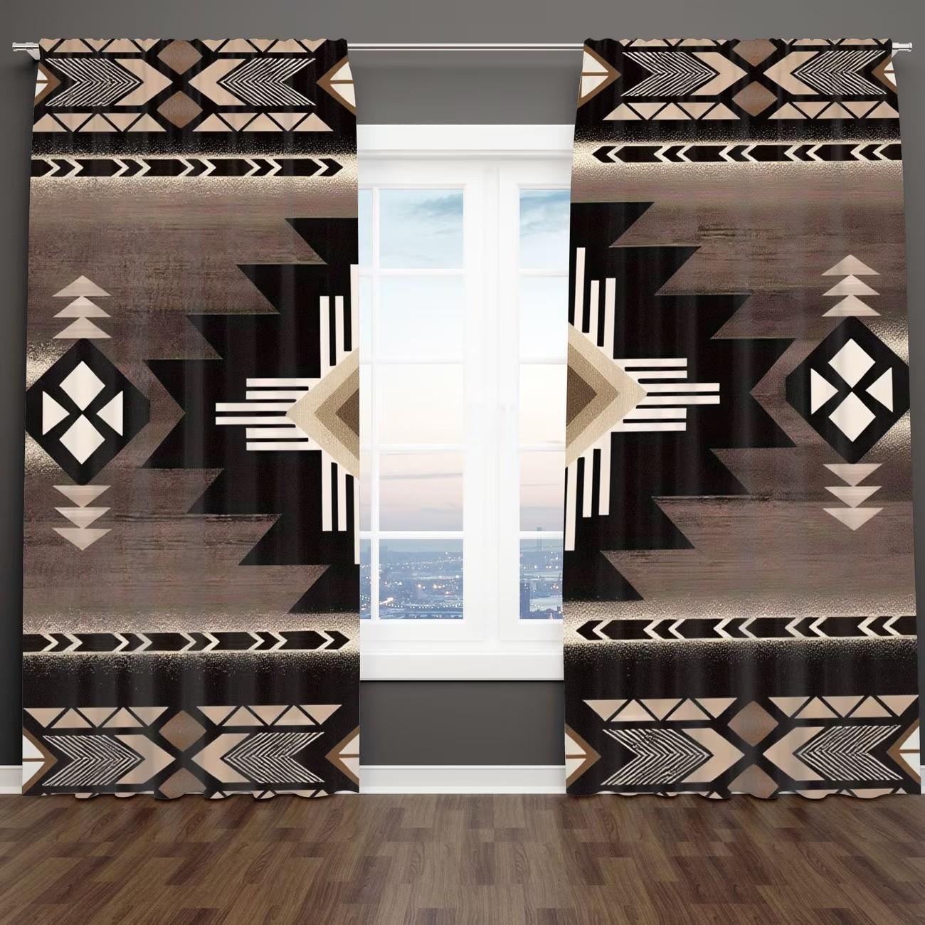 2 pieces of American tribal art geometric pattern printed curtains, made of polyester with semi-transparent texture, machine washable, suitable for bedrooms, living rooms and home decoration curtains