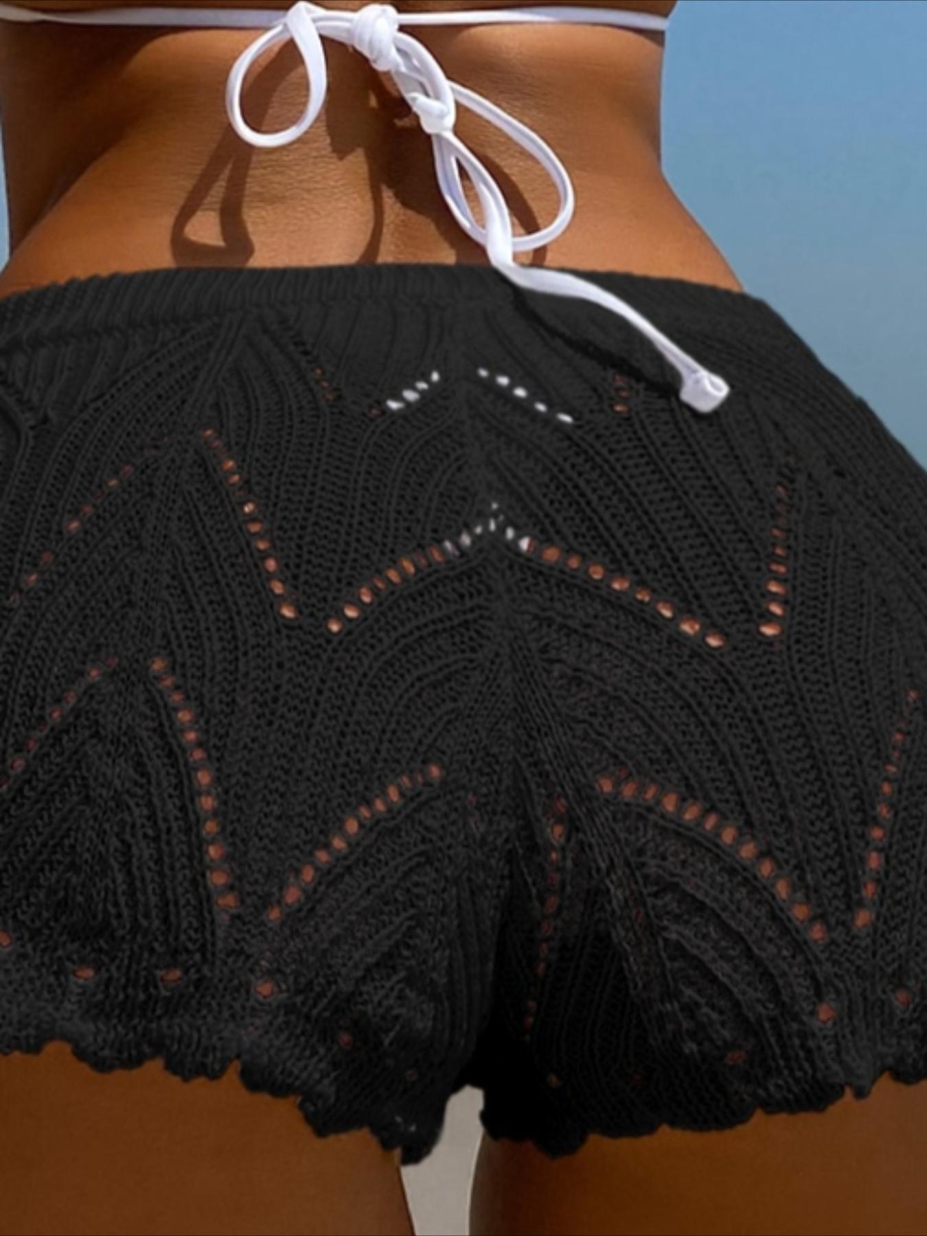 Women's Y2K Style Short Pants, Elegant Outdoor Knit Shorts, Semi-Transparent Hollow Out Design, Beach Vacation Ready, Adjustable Drawstring