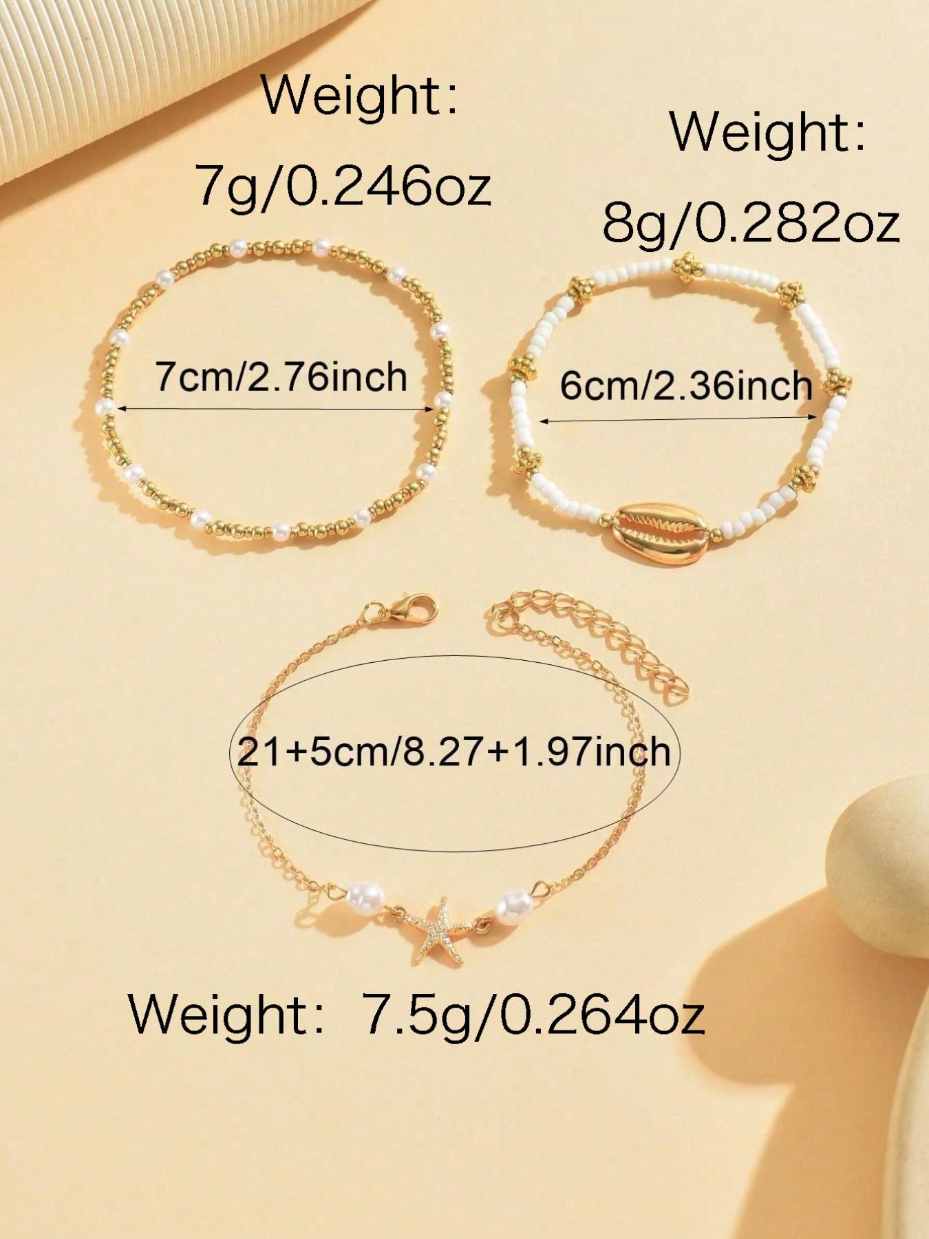 3pcs Beach Ocean Style Starfish & Shell Beaded Anklet Set, Zinc Alloy Foot Jewelry for Women, Ideal for Daily & Beach
