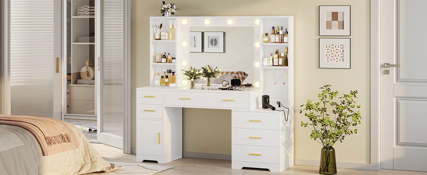 Sikaic 48.8 Inches Large Makeup Vanity Desk with Lighted Mirror & Power Outlet Glass Tabletop Bedroom Dressing Table