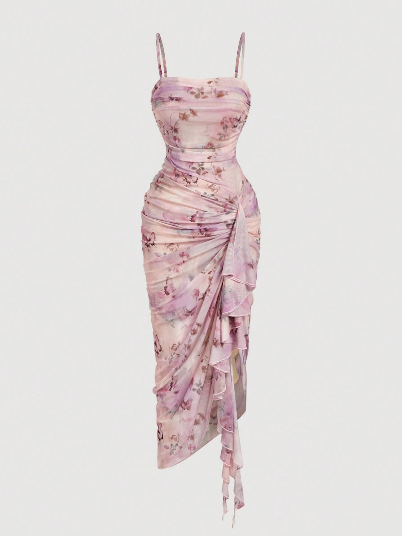 Women's Floral Print Ruched Asymmetrical Hem Dress, Elegant Off-Shoulder Design, Perfect for Summer Events and Casual Outing
