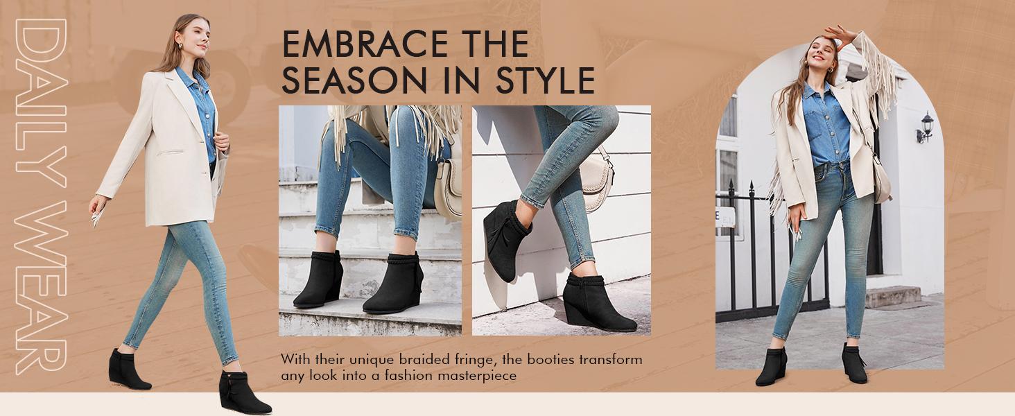 Coutgo Women's Western Wedge Ankle Boots Faux Suede Braided Fringe Strap 3 Inch Heel Fall Booties Dress Shoes Design Coutgo Women's Western Wedge Ankle Boots Faux Suede Braided Fringe Strap 3 Inch Heel Fall Booties Dress Shoes Design