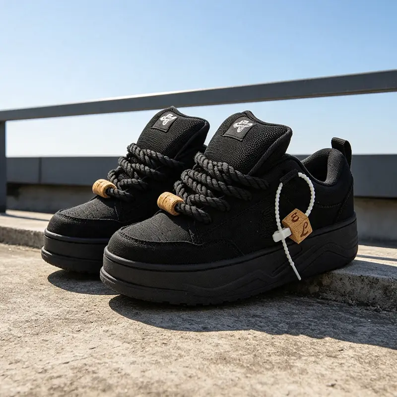 Classic All‑Match Unisex Black Chunky Platform Bread Sneakers, Versatile Thick‑Sole Skate Board Shoes With Rope Lace Accent, Breathable Non‑Slip Casual Footwear For Men Women Daily Wardrobe Essential