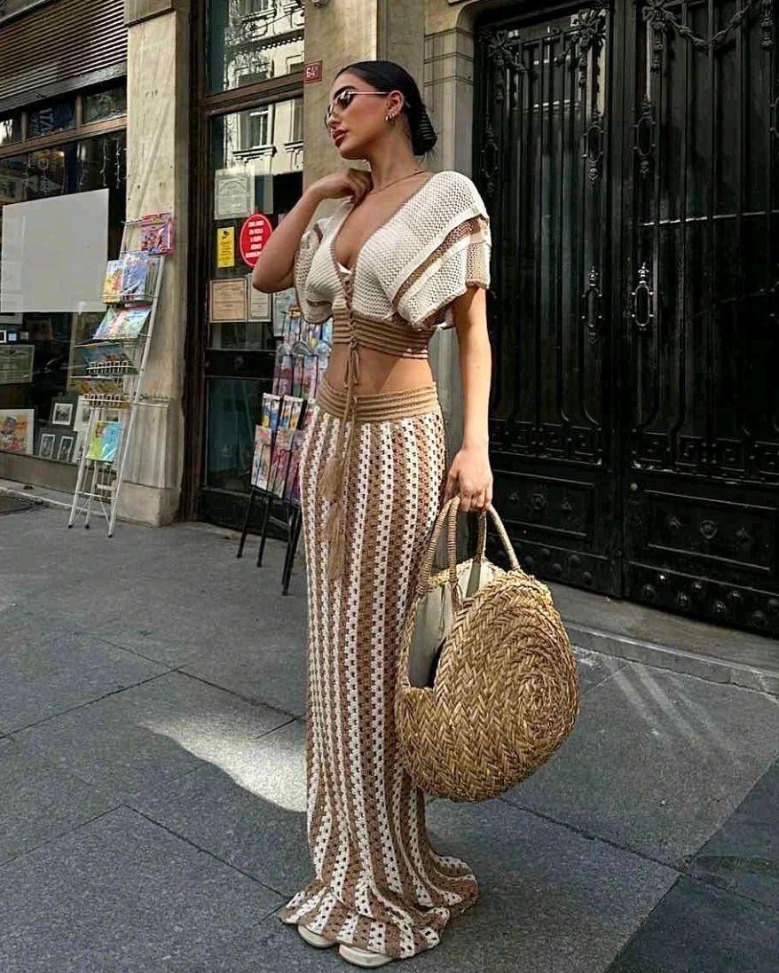 Skirt Sets Women 2 Piece Outfits Crochet Crop Tops and Striped Maxi Skirt Vacation Outfit Hawaiian outfit Featuring an openwork knit texture design Suitable for vacations, beaches, and cruises Valentine's Day