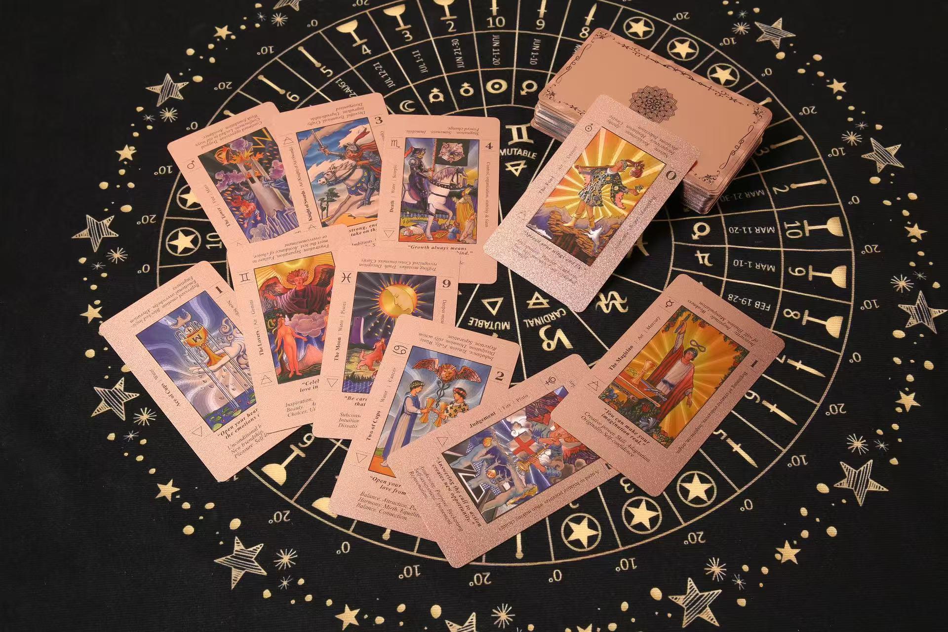 SDIK&SSIK Rose Gold Tarot Cards with Guide Book Waterproof Wrinkle Resistant Foil Tarot Deck for Beginners Includes Chakras Planets Zodiac Signs Elements & Affirmations