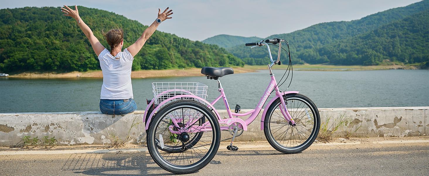 MOONCOOL Adult Tricycles 7 Speed 20/24/26 inch Three Wheel Bike Cruiser Trike with Low-Step Through Frame/Large Basket for Men, Women, Seniors