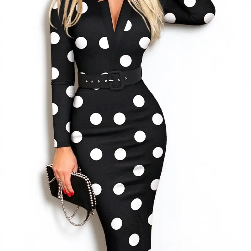 Women's Polka Dot Pattern V-Neck Long-Sleeve Fit Bodycon Dress with Belt, Elegant Chic Dress for Weddings & Parties, Fall & Winter Dress