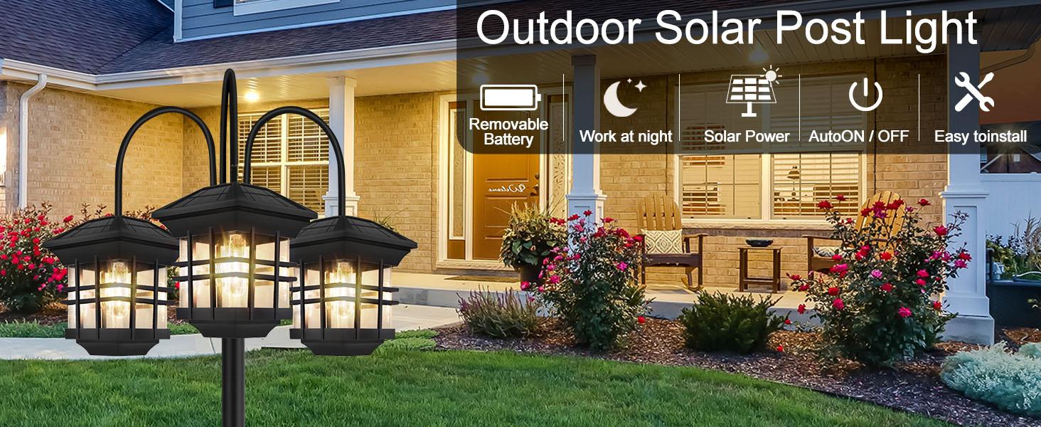 CuLiDing 76" Outdoor Solar Lamp Post Lights, 3-Head Waterproof Patio Decor Lights for Backyard, Garden, Driveway, Lawn,Aluminum,60 Lumens(LED Bulbs Included)