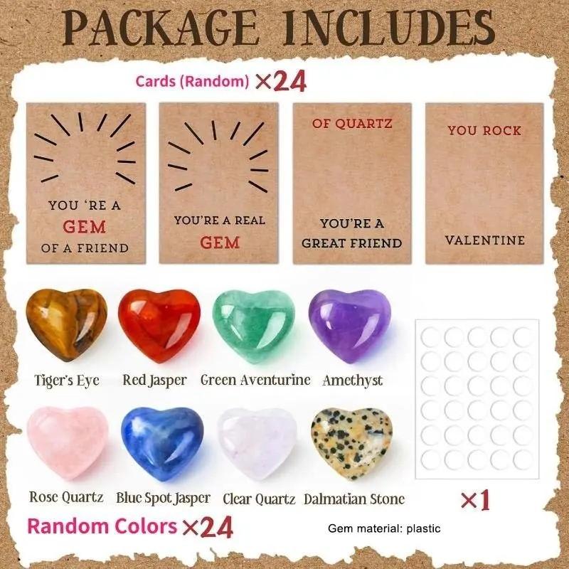 Classroom Gift Exchange Set, 24 Pre-Printed Cards & 24 Heart-Shaped Gems, DIY Customizable, Perfect for School Activities, Boys Girls, Birthday Gifts