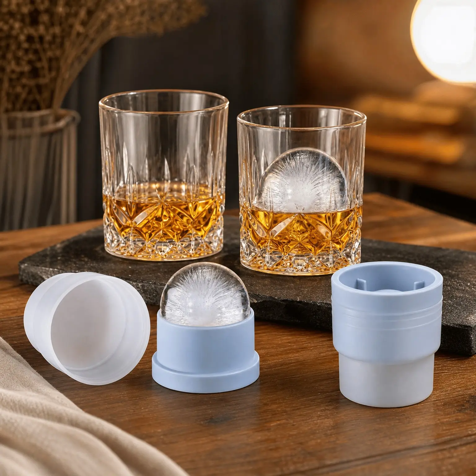 Whiskey Rocks Glass Set of 4 - 2 Crystal Bourbon Glasses & 2 Round Ice Ball Molds in Gift Box, 10 Oz Old Fashioned Glasses for Scotch, Cocktail, Rum, Cognac, Vodka, Liquor - Unique Gifts for MenGift