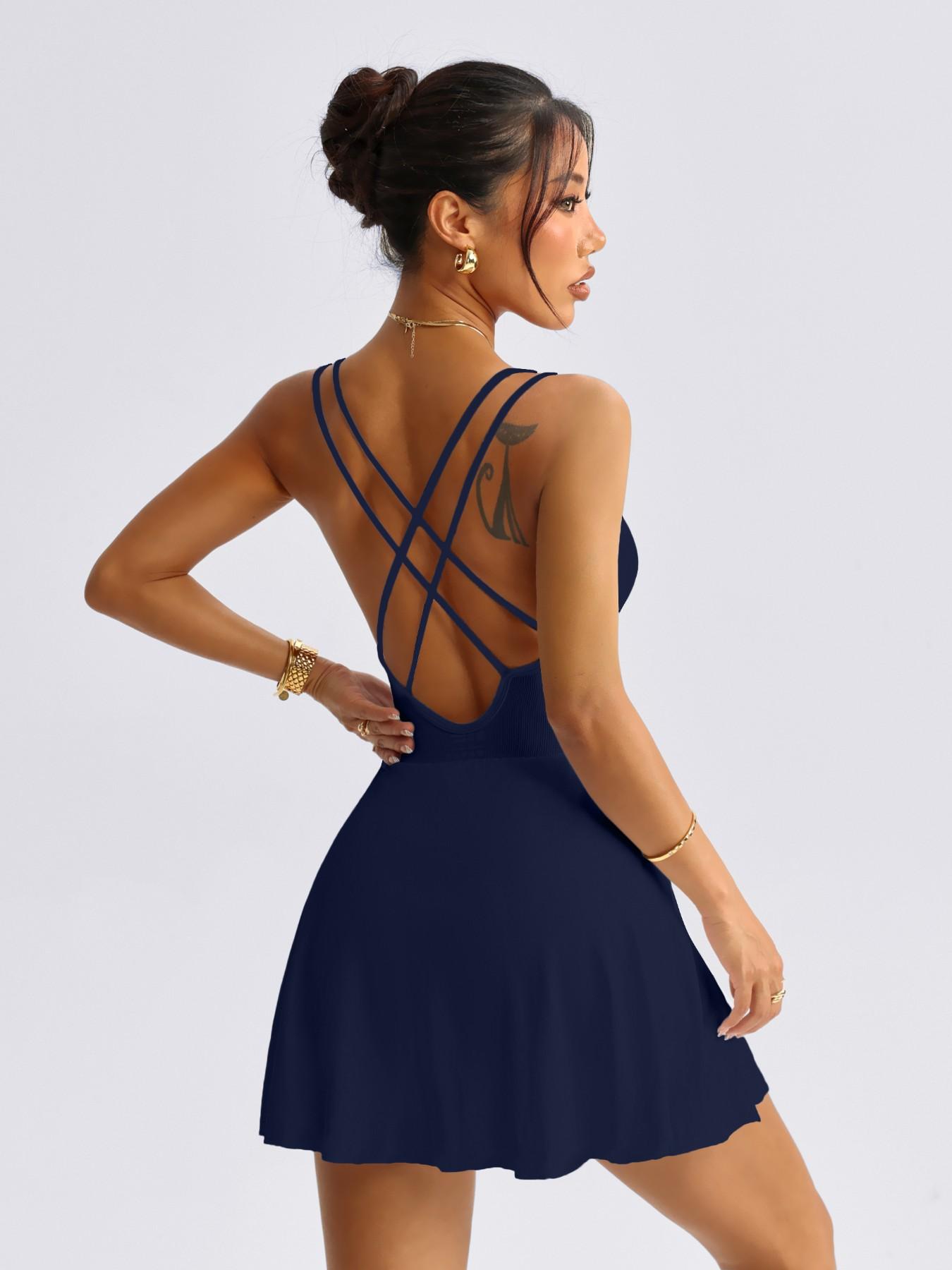 Multi-Functional Women's Sport Dress Criss Cross Back Design, Removable Padding, Anti-See Through Yoga Skirt with Shorts, Backless Sports Dress