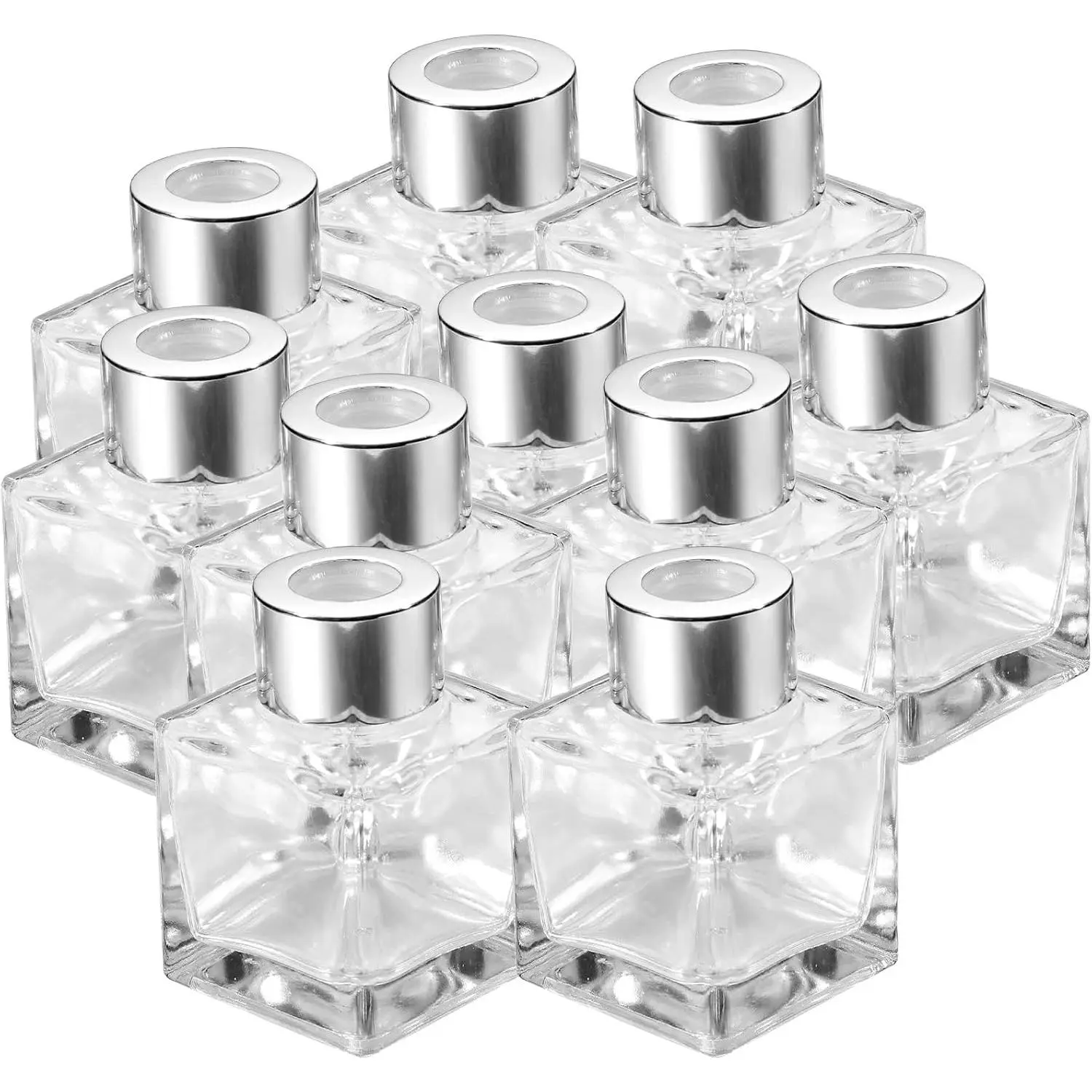 30 Set Square Glass Diffuser Bottles Empty 1.7oz with Silver Caps