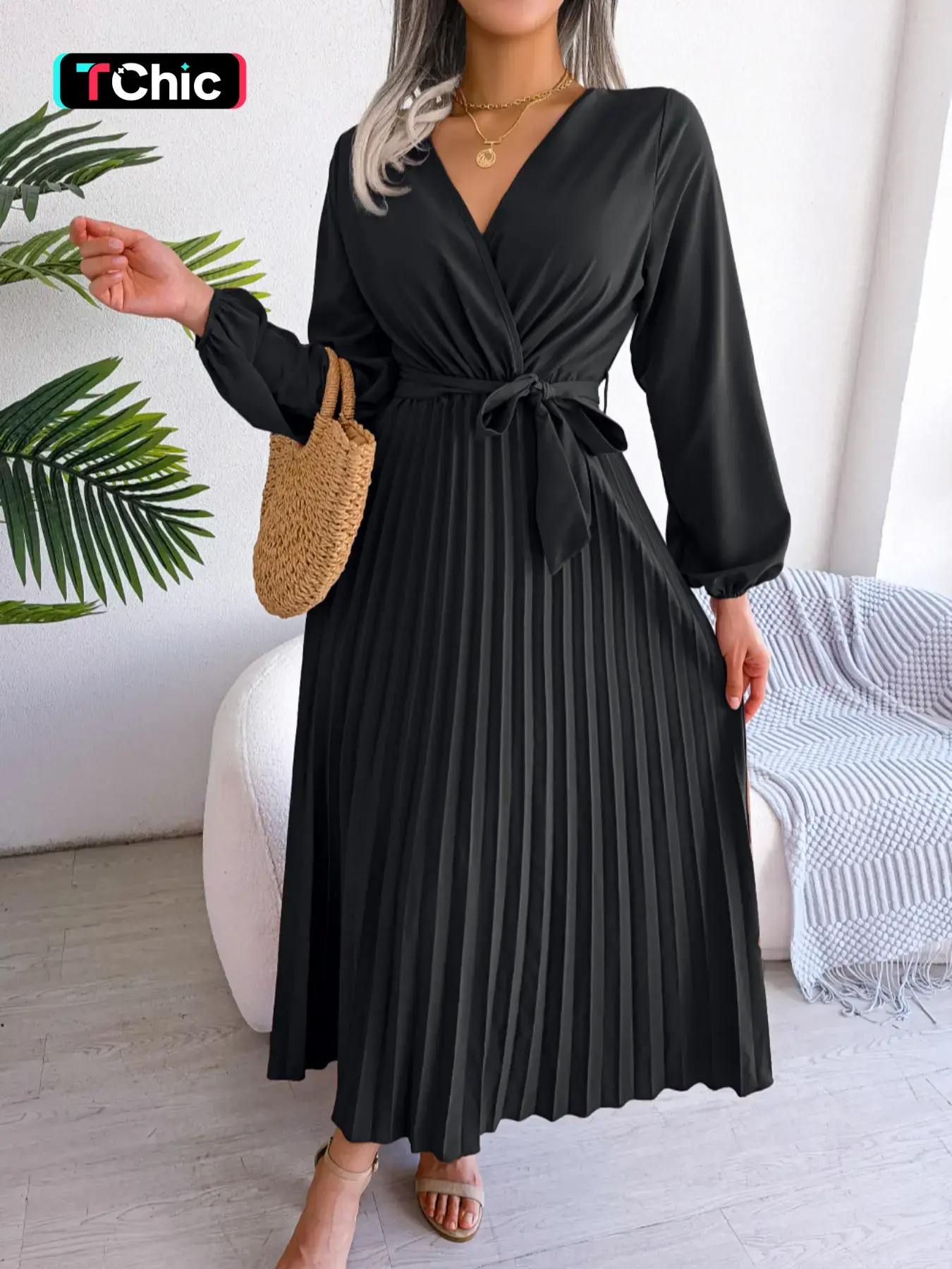Women's Mean Girls Plain Belted Pleated Wrap Vneck a Line Dress, Belted Wrap Style, Elegant Formal Chic Comfort Bishop Sleeve Long Sleeves Midi Dress for Spring, Ladies Clothes for Daily Vacation Outdoor, Casual Wear, Sun Dresses, Dresses for Women