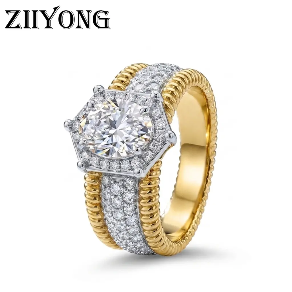 Women's ZIIYONG 2-Tone Hexagon Halo Oval Moissanite Wide Band Ring - 14K Gold Plated 925 Pure Sterling Silver, No Rhodium Plating, Hypoallergenic, Moissanite Inlay, Polished Finish, Casual Everyday Wear Fine Jewelry, Ideal for Anniversary