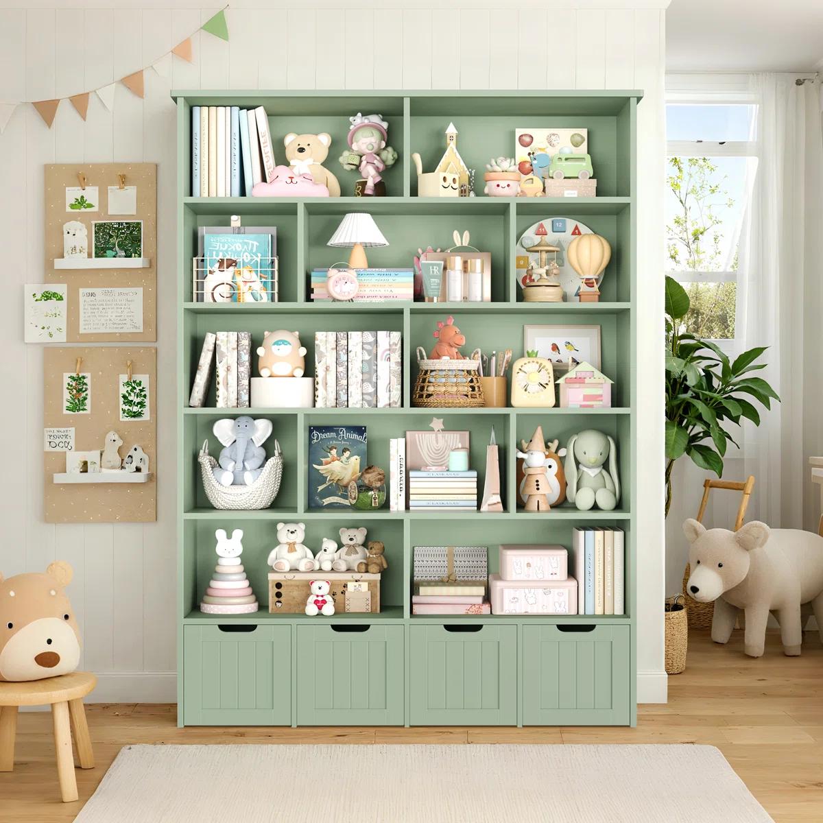 FOTOSOK Bookshelf and Bookcase with 4 Movable Drawers, Toy Organizer with Hidden Wheels and 12 Open Cubbies, Tall Bookshelf Large Open Book Shelf Standing Book Case for Home Office