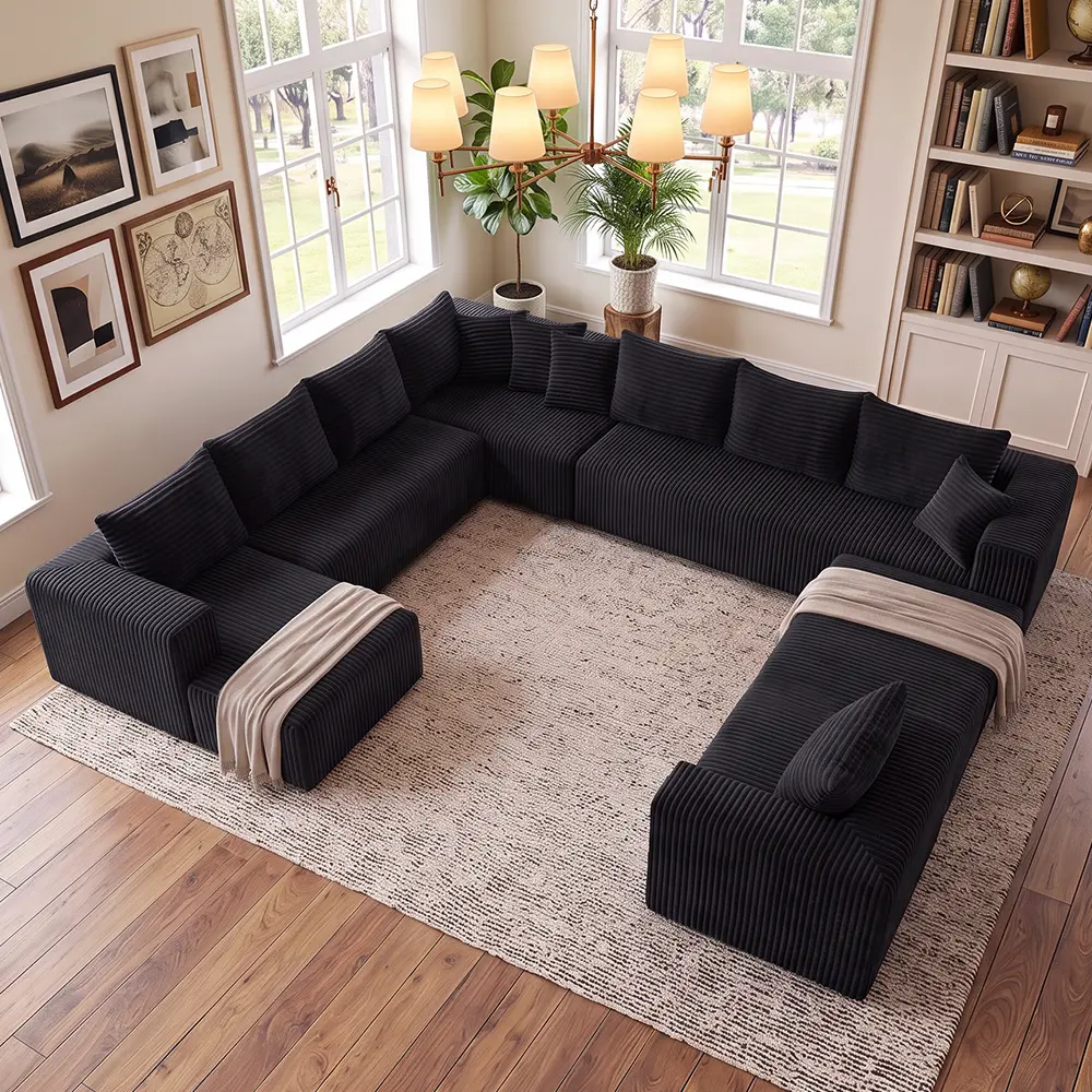 U-Shaped Corduroy Sectional Sofa, Large Modular Corner Couch For Big Living Room,modular gray corduroy sectional sofa、large u-shaped living room couchHomeFinds ,LivingRoomDecor ,SectionalSofa