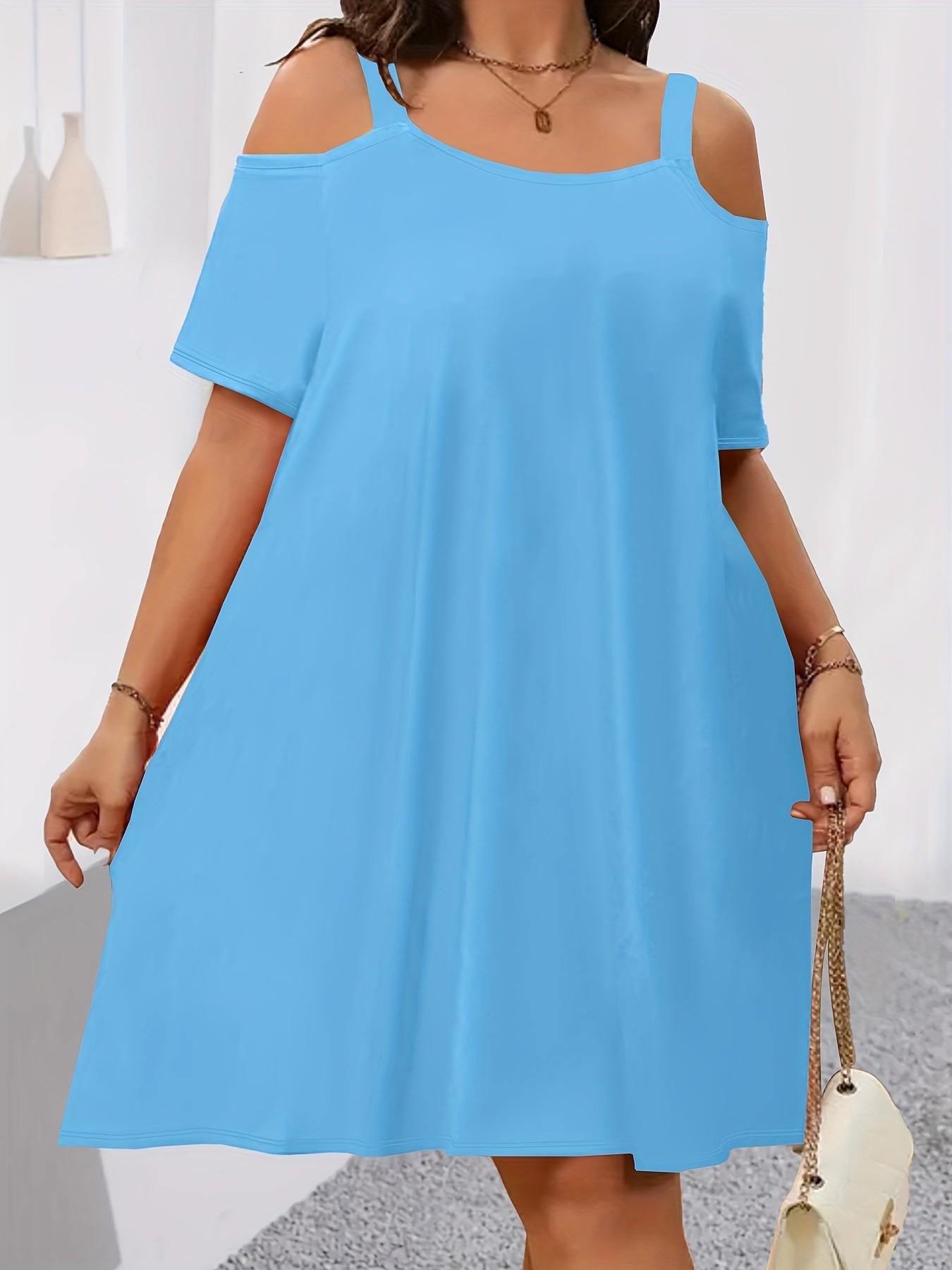 Plus Size Women's off Shoulder Strapless Dress, Loose Fit Slimming Short Sleeve T-Shirt Dress, 8 Colors Available, Casual Everyday Wear, Womenswear