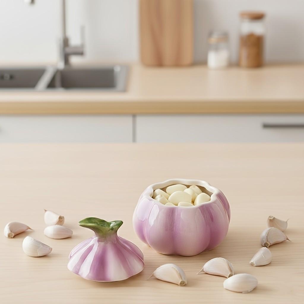 Garlic Shaped Ceramic Canister | Purple Glazed Kitchen Storage Jar for Spices Treats | Decorative Countertop Organizer with Vintage Farmhouse Charm | Functional Decor for Home Cooks & Collectors | US Culinary Accent Piece