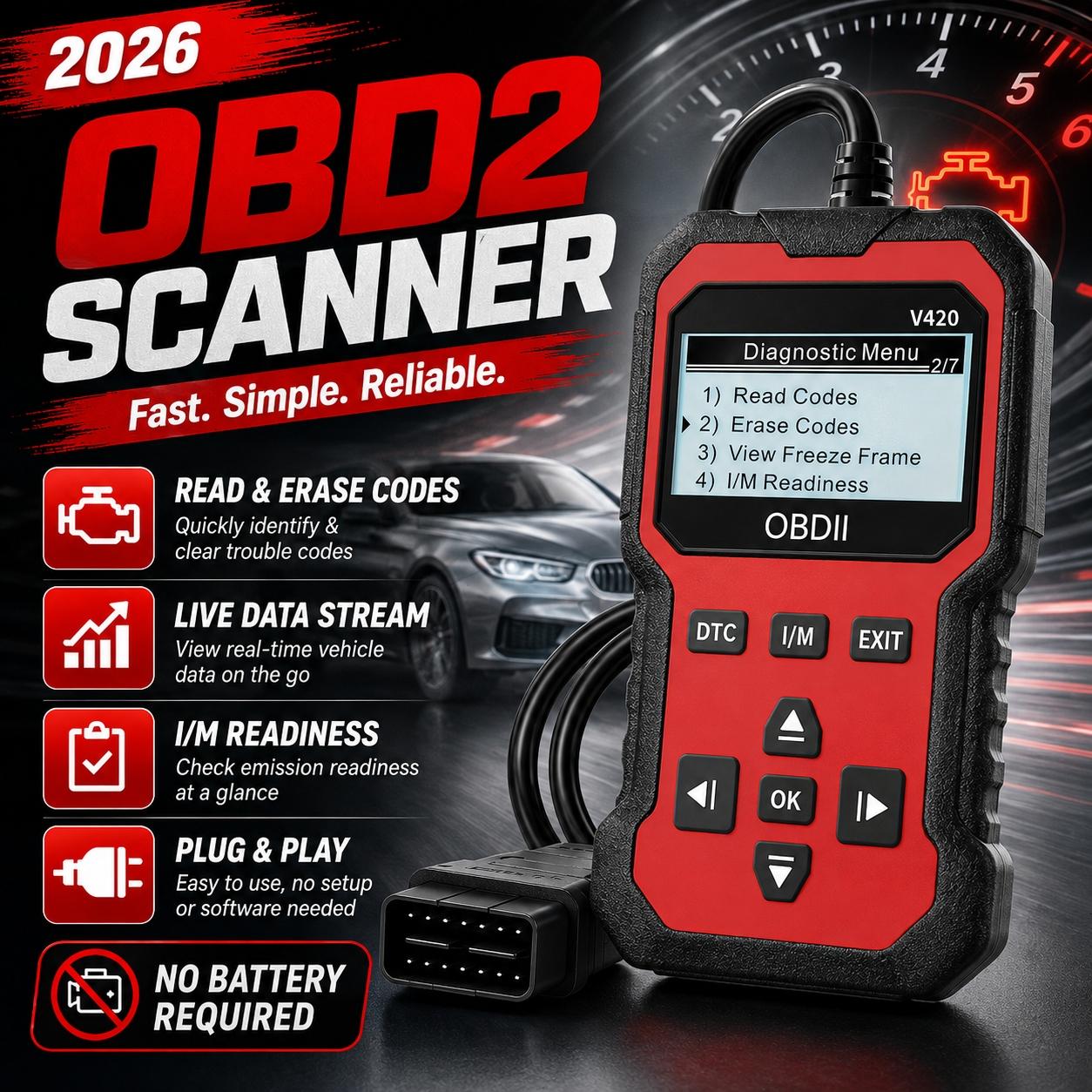 OBD2 Diagnostic Scanner, 1 Count Accurate Code Reader, Efficient Engine Light Diagnostic Aid, and Reliable Battery Voltage Tester for OBD2 - Compliant 12V Cars and Trucks Since 2003