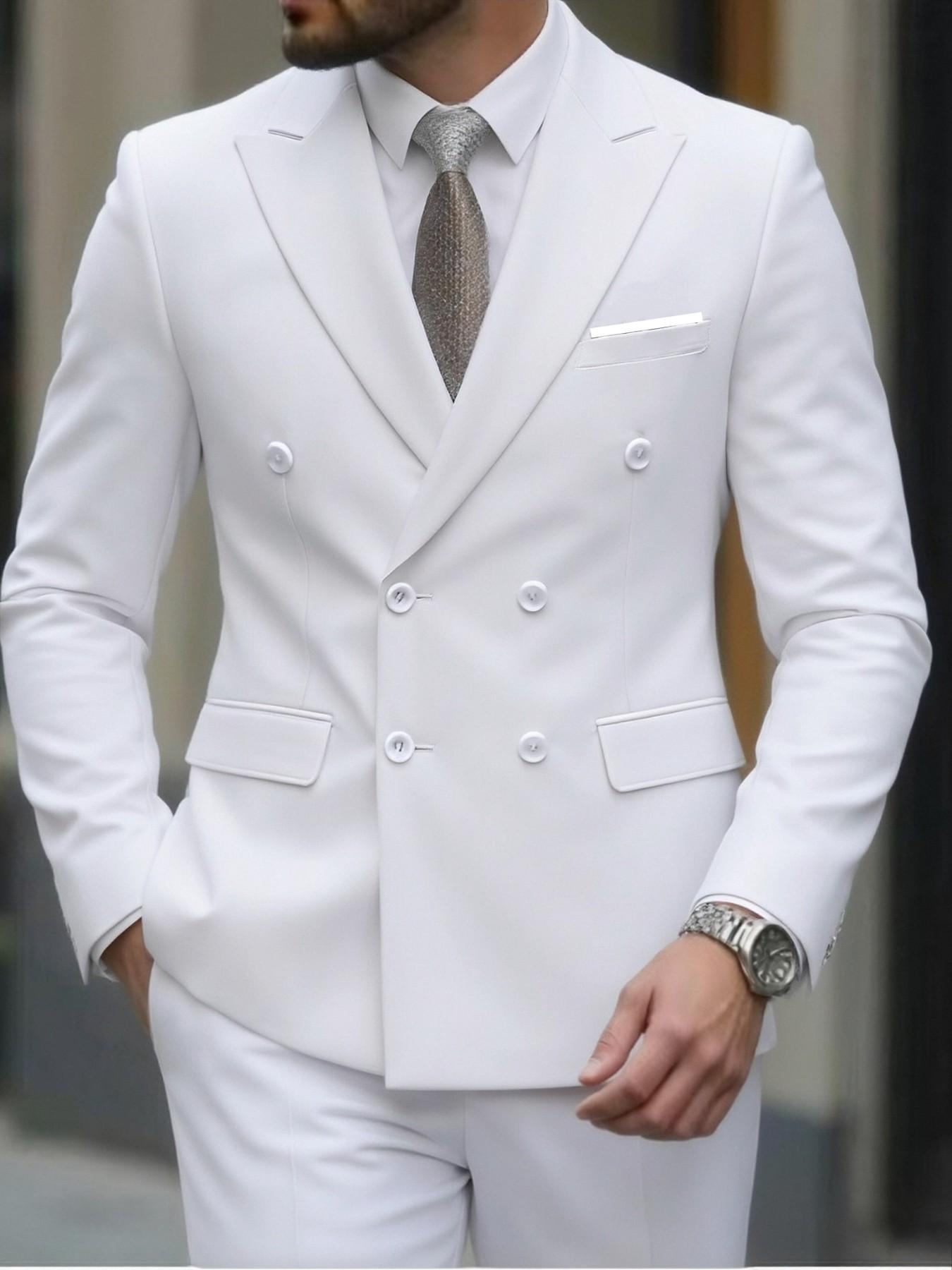 Men's fashionable double-breasted slim-fit suits, high-quality business plain-color two-piece suits, groom and best man wedding gowns, formal attire for occasions, office professional suit sets, party and banquet evening gowns