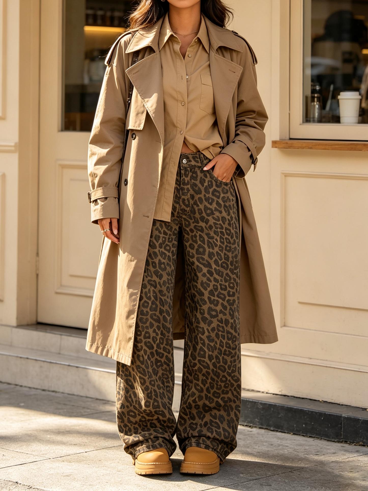 Women's Leopard Print Wide-Leg Oversized Pants, Loose-Fit Elastic Waist Button-Fly Trousers, Casual Trousers, Multiple Colors Available, Boho Style Pants, Bohemian Casual Pants, Casual Fashion Trousers