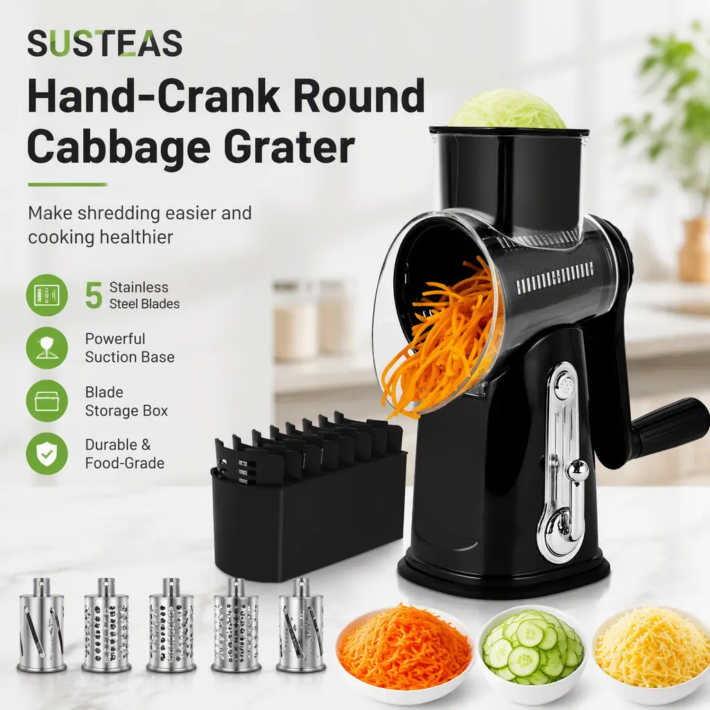Hand Crank Round Black SUSTEAS Shredder, Cheese & Cabbage Grater, 5 Steel Blades, Suction Base with Blade Storage Box