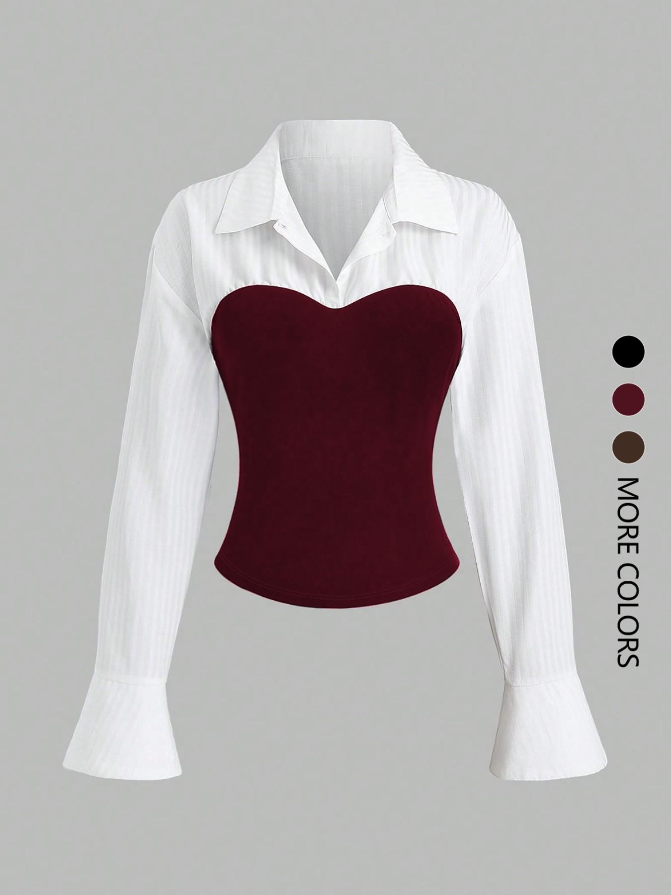 This women's white slim long-sleeved blouse with puff sleeves and patchwork design is elegant and versatile, suitable for everyday wear and various occasions.