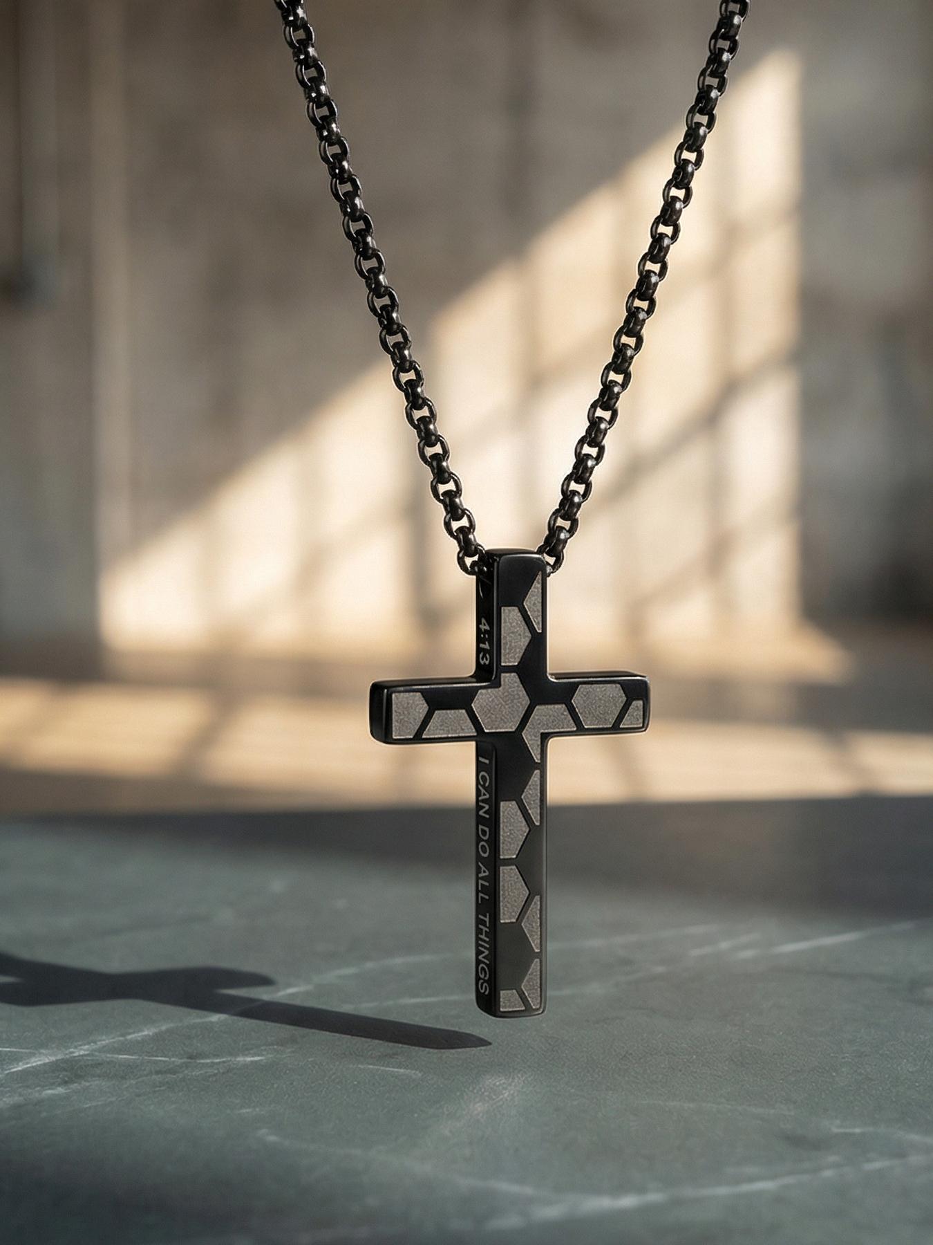 Stainless Steel Geometric Sanskrit Cross Men's Bracelet, 4:13 Cross Engraved Scripture Personalized Necklace # Jewelry / Stainless Steel / Colorfast / Hypoallergenic / Couple / Festival / Party / Ideal Gift