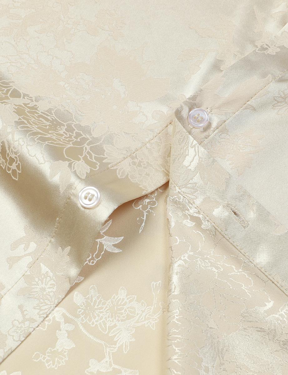 ZEROYAA Men's Shiny Luxury Silk Satin Floral Jacquard Short Sleeve Regular Fit  Down Shirt for Party Prom Smooth Casual summer outfits Lapel Neck Button Front