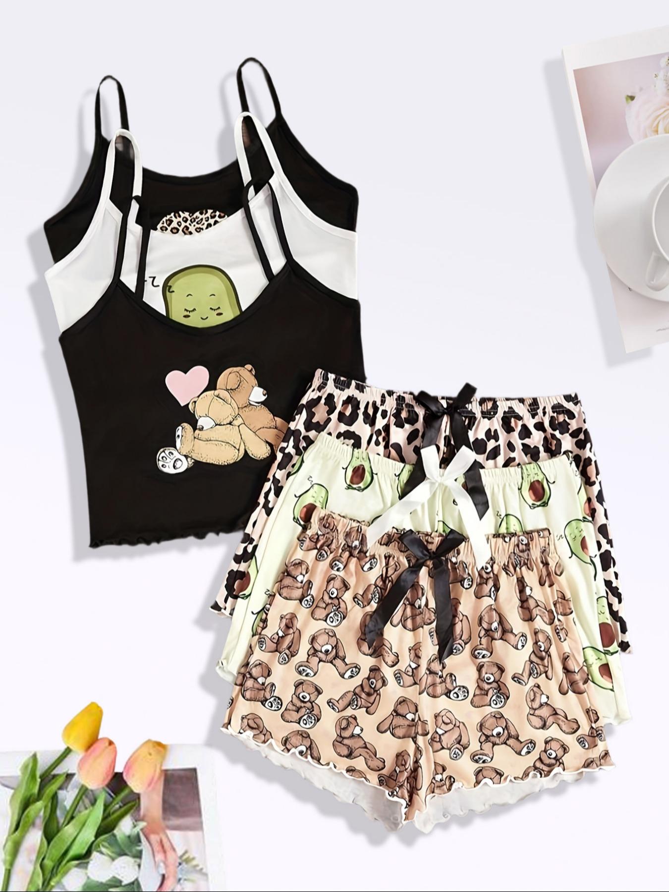 Women's 3-Piece Teddy Bear Avocado Leopard Print Sleepwear Set, Soft Cotton Lounge Wear, Comfortable Home for Women