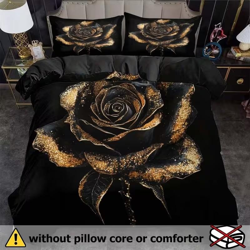 Gold Rose Print Bedding Set, 1 Duvet Cover + 2 Pillowcases, High-Definition Printing, Home & Dormitory Bed Linen