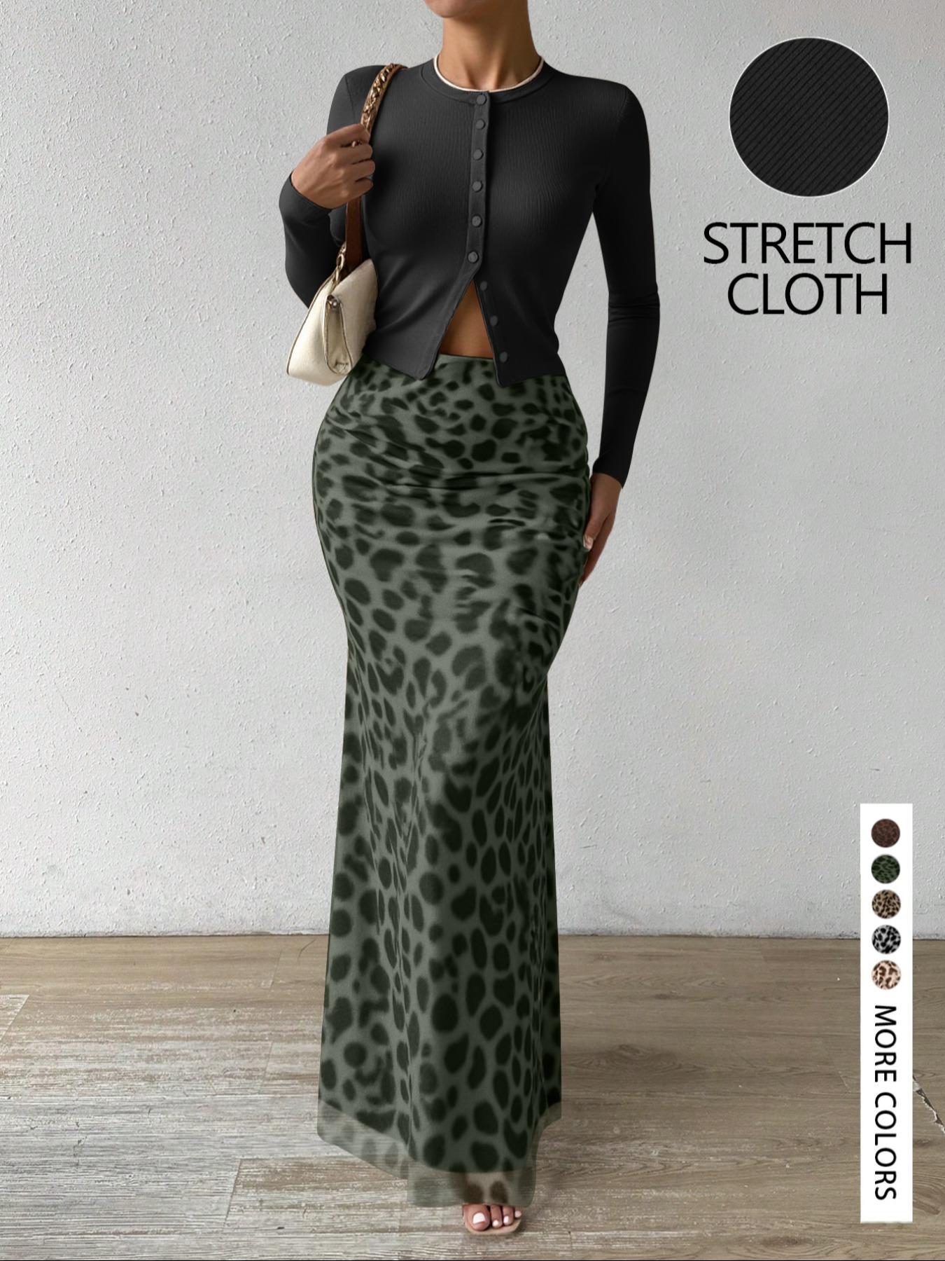 LovelyWholesale，Women's Spring Fashion Solid Color Knit Cardigan Top Leopard Print Half Skirt Two-Piece Set, Casual Slim-Fitting