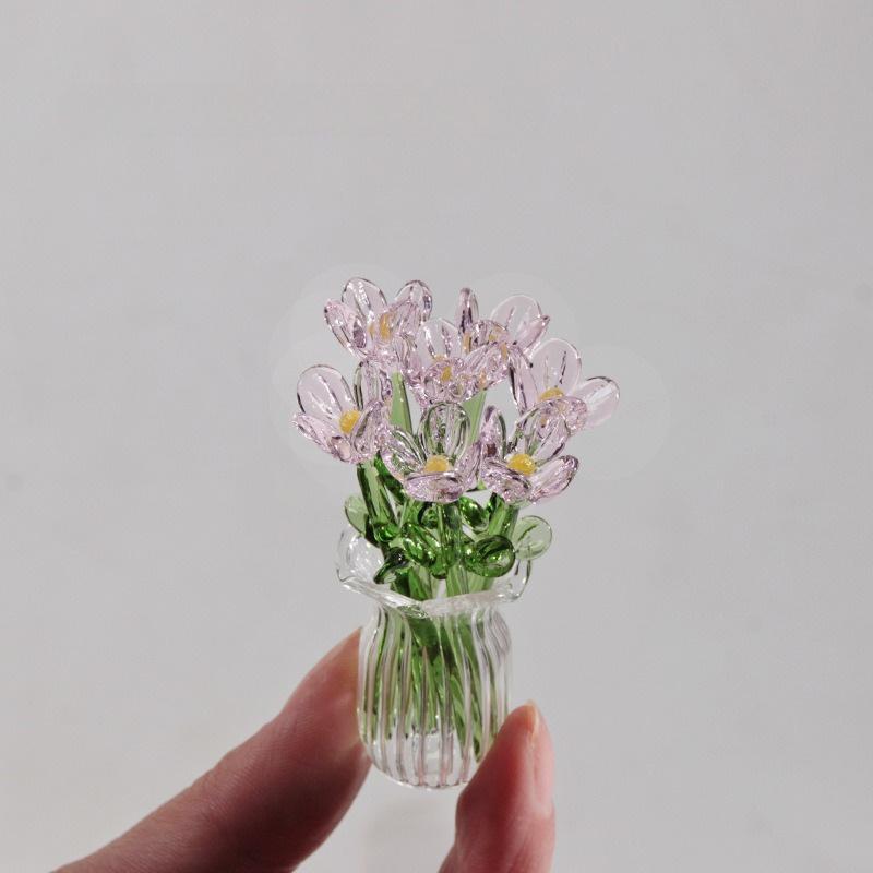 1 set (7 flowers+1 vase) glass simulation flower decoration ornaments, handcrafted mini glass flowers, DIY flower arrangement bouquets, faux flowers, Artificial mixed flower, Decorative Flowers Bouquet, suitable for gifting, event decorations