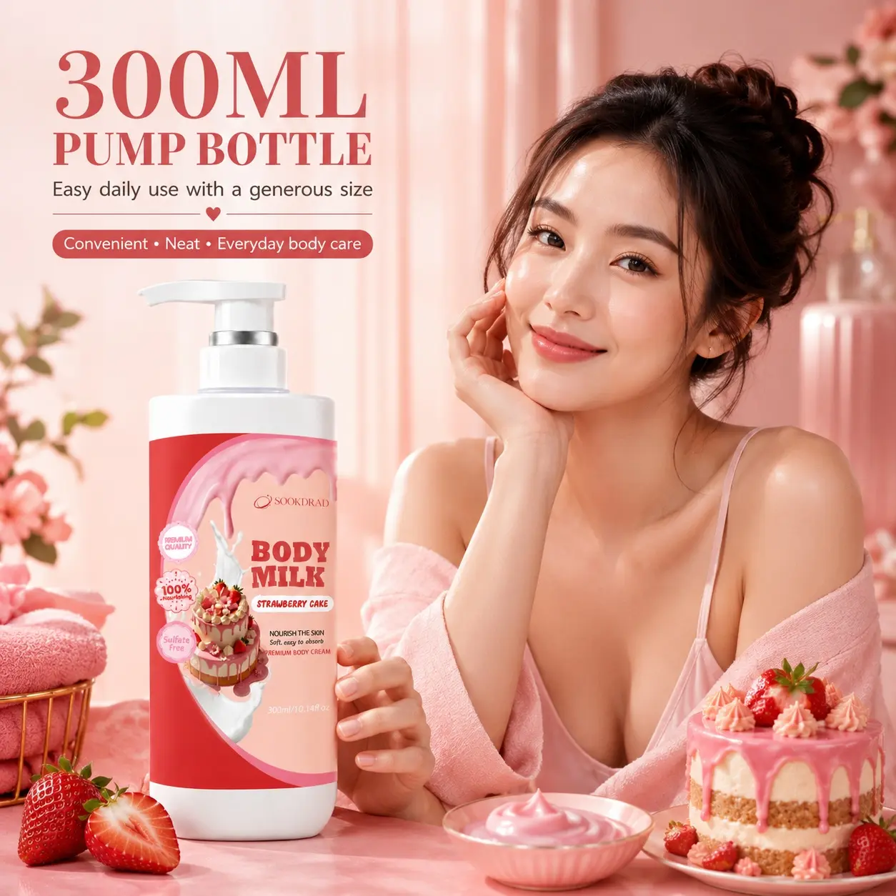 body milk, strawberry cake scented, 100% nourishing, sulfate free, premium quality, nourish skin, soft texture, easy to absorb, body cream, 10.14fl oz, 300ml