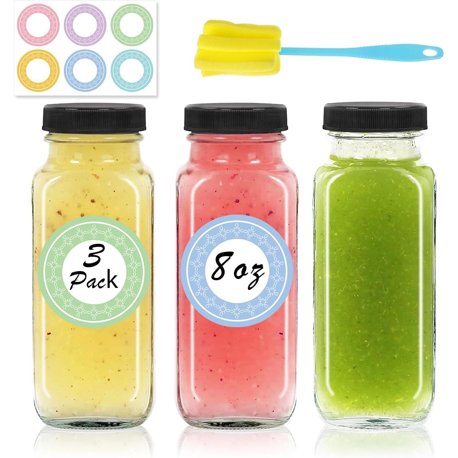3 pack 8 oz Glass Juice Bottles with , 250 ml  Glass Water Bottles, Empty Drink Containers Drinking Jars with Brush, for Milk, Juicing, Kombucha, Ginger