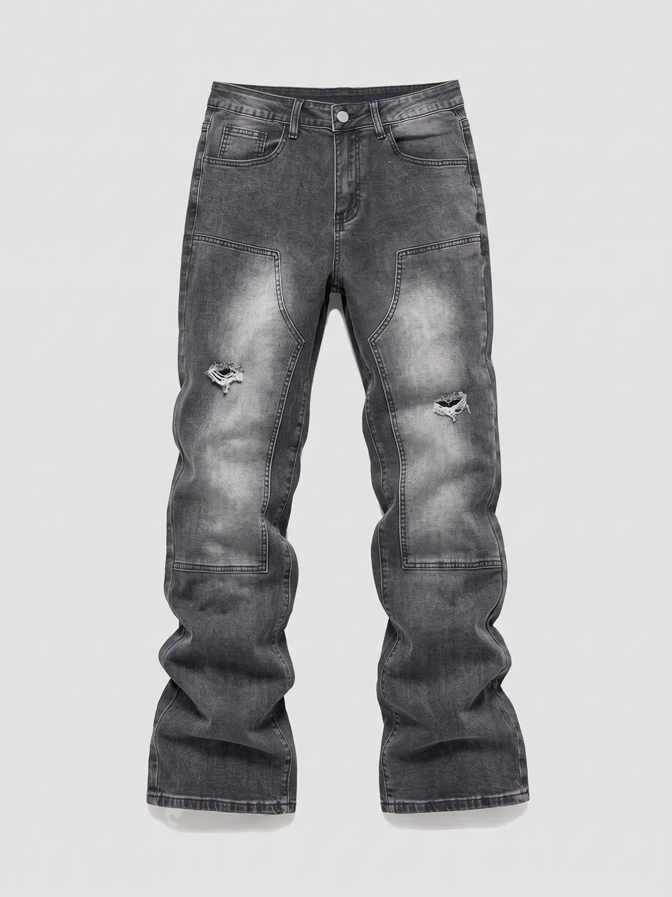 Men's Washed Micro-Rise Jeans, Patchwork Ripped Cut Design, American High Street Retro Style, All-Season Vintage Denim Jeans