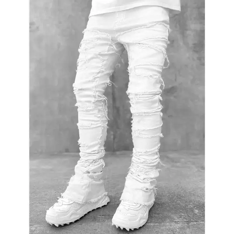 Male capsule wardrobe High Street White Men's Stacked Jeans Stretched Patchwork Tassel Damaged Denim Full Length Pants Hip-pop Trousers For Male Streetwear