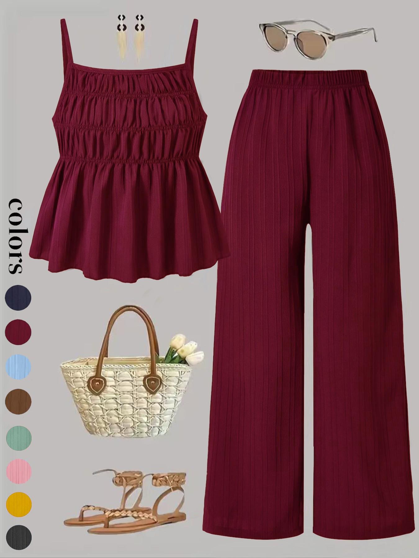 Two-Piece Set Women's Solid Color Cami Top & Wide Leg Pants Set, Street Fashion Casual Outfits for Daily Outdoor Wear, Ladies Clothes for All Seasons