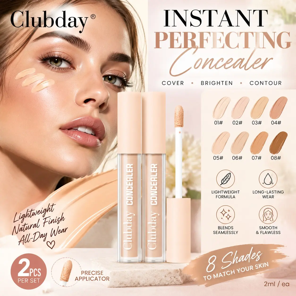 Clubday 2pcs 2ML Mini Liquid Concealer Set, Portable Nude Cap Tube, Longwear Concealer, Long Lasting Full Coverage, 8 Shades, Natural Flawless Makeup for Women