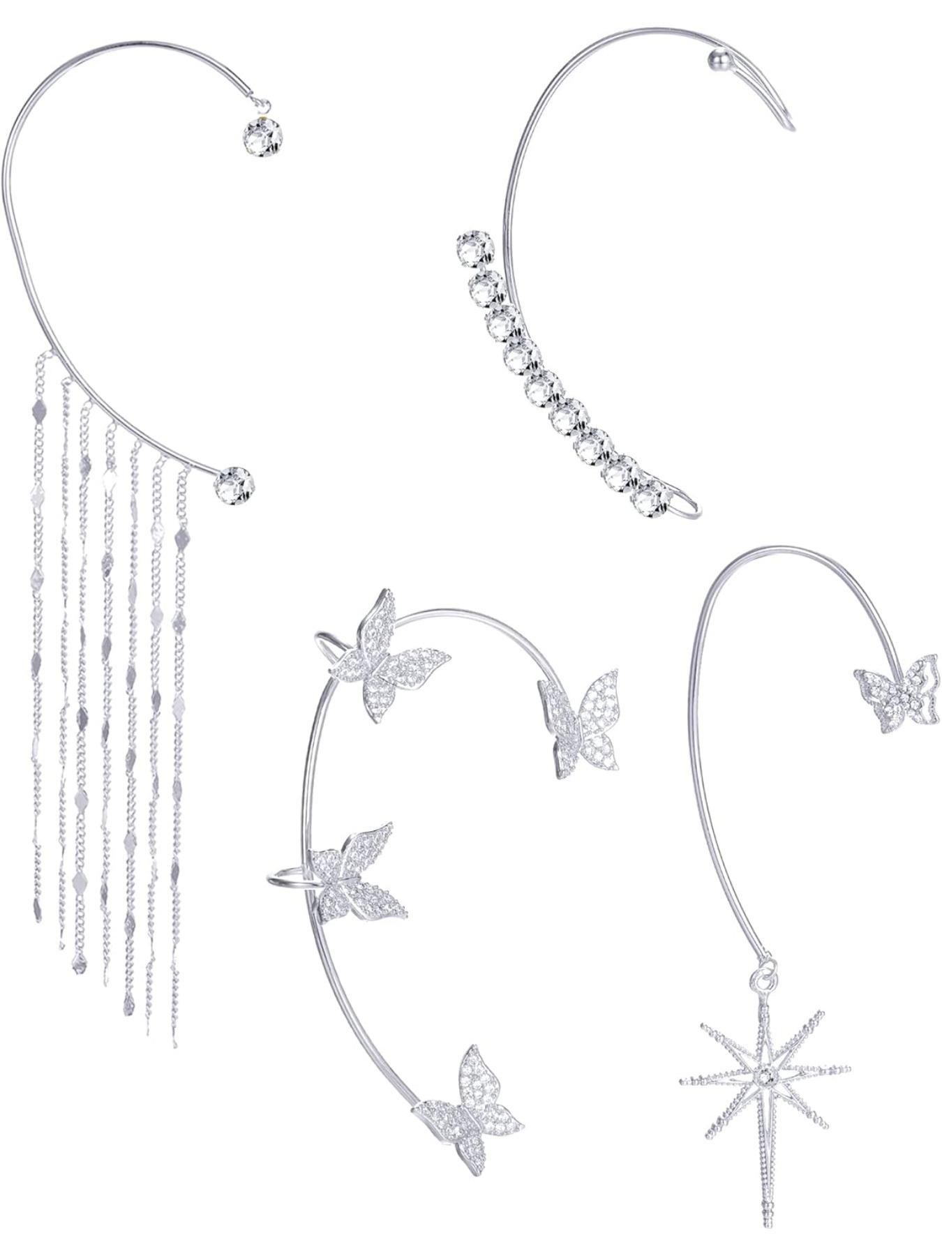 4Pcs Butterfly Long Tassel Ear Cuff Dangle Chain Earrings Wrap Crawler CZ Ear Clip Wrap Around Fake Earrings for Women Silver Gold Tone Right Ear