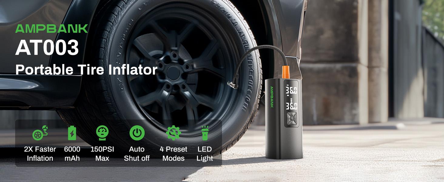Tire Inflator Portable Air Compressor, AMPBANK AT003 Auto Air Pump for Car Tires, Tire Inflator 150PSI with 6000mAh Battery, Pressure Gauge & LED Screen, Air Compressor for Car, Motorcycle, Bike, Ball